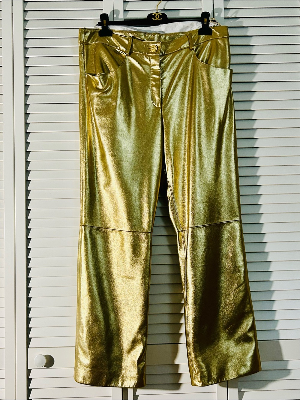 Chanel Shiny Metallic Vintage Gold leather wide Leg Pants